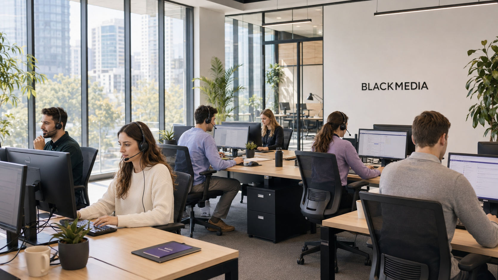 Офис BLACKMEDIA с менеджерами за рабочими местами